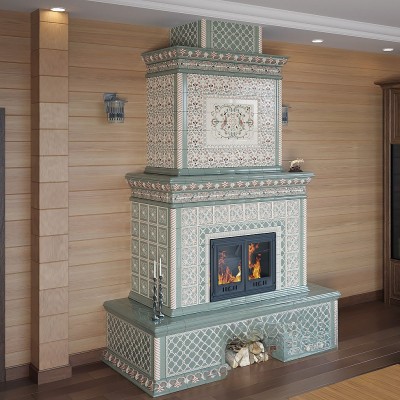 Изразцовый камин Птицы с дровником от производителя Ceramica