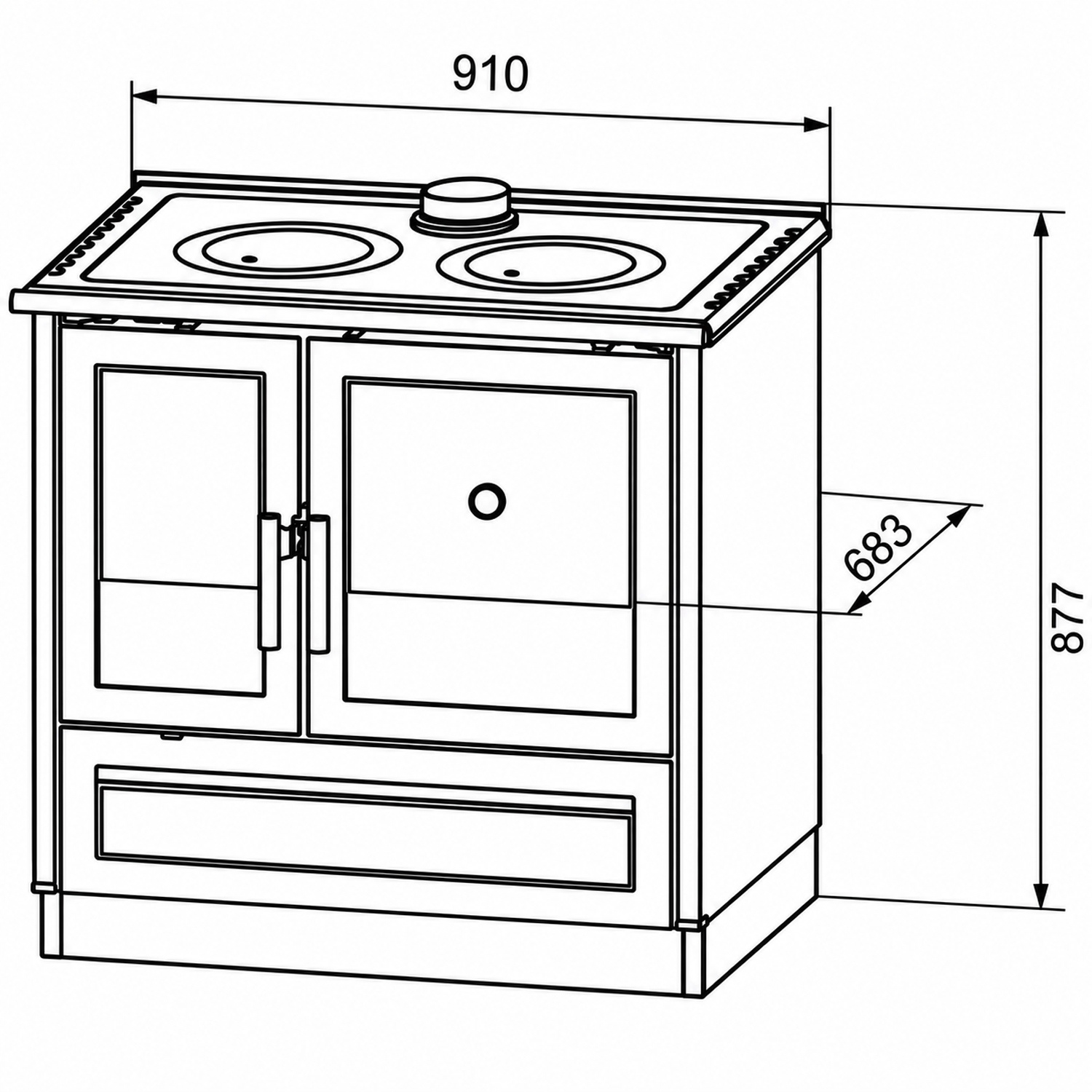 Габаритный чертёж Отопительно-варочная печь Plamen 910 Glas (чёрная)